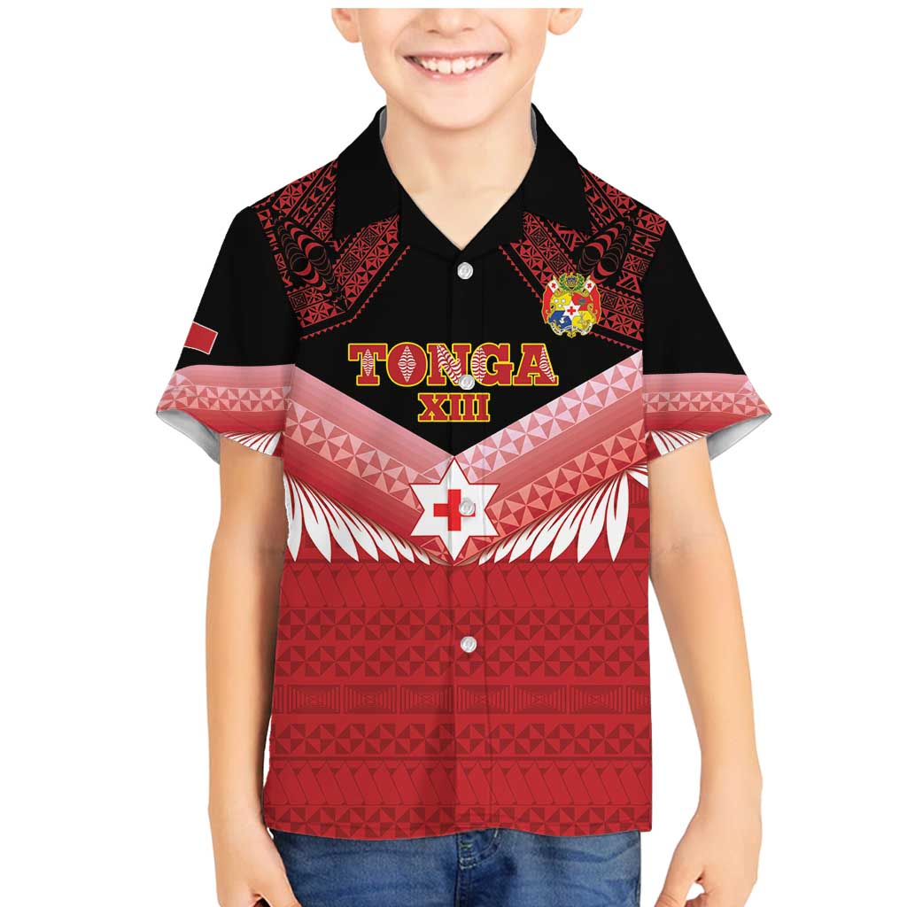 Custom Mate Maa Tonga XIII Family Matching Mermaid Dress and Hawaiian Shirt Tongan Kupesi Ngatu - Rugby Style LT14 Son's Shirt Red - Polynesian Pride