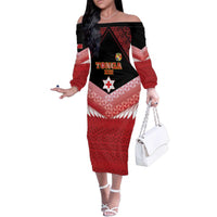 Custom Mate Maa Tonga XIII Family Matching Off The Shoulder Long Sleeve Dress and Hawaiian Shirt Tongan Kupesi Ngatu - Rugby Style