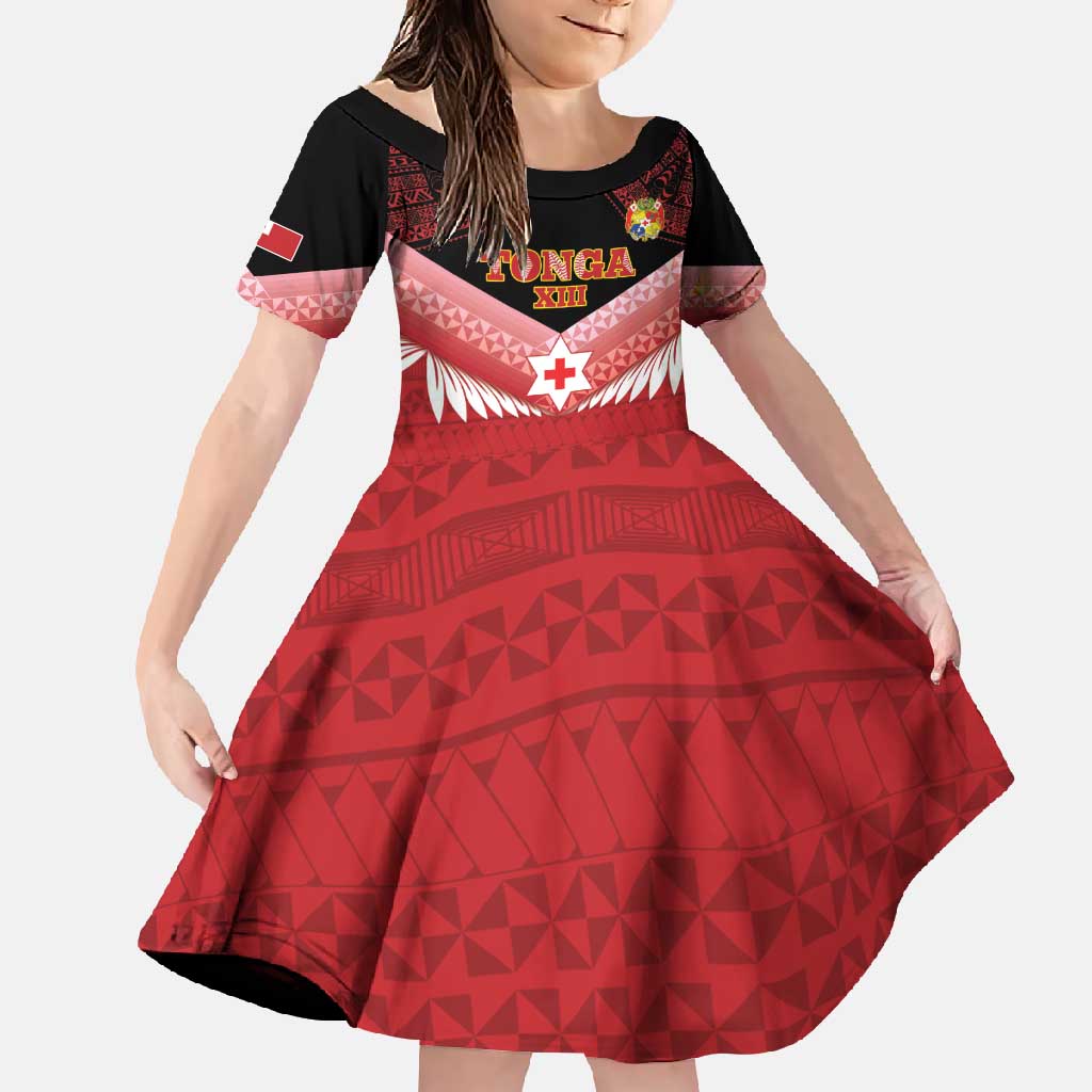 Custom Mate Maa Tonga XIII Family Matching Short Sleeve Bodycon Dress and Hawaiian Shirt Tongan Kupesi Ngatu - Rugby Style LT14 Daughter's Dress Red - Polynesian Pride