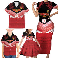 Custom Mate Maa Tonga XIII Family Matching Short Sleeve Bodycon Dress and Hawaiian Shirt Tongan Kupesi Ngatu - Rugby Style LT14 - Polynesian Pride