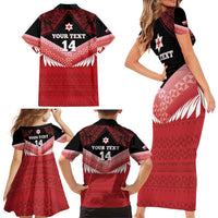 Custom Mate Maa Tonga XIII Family Matching Short Sleeve Bodycon Dress and Hawaiian Shirt Tongan Kupesi Ngatu - Rugby Style LT14 - Polynesian Pride