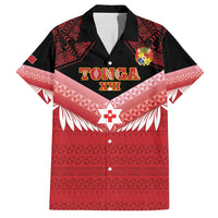 Custom Mate Maa Tonga XIII Family Matching Short Sleeve Bodycon Dress and Hawaiian Shirt Tongan Kupesi Ngatu - Rugby Style LT14 Dad's Shirt - Short Sleeve Red - Polynesian Pride