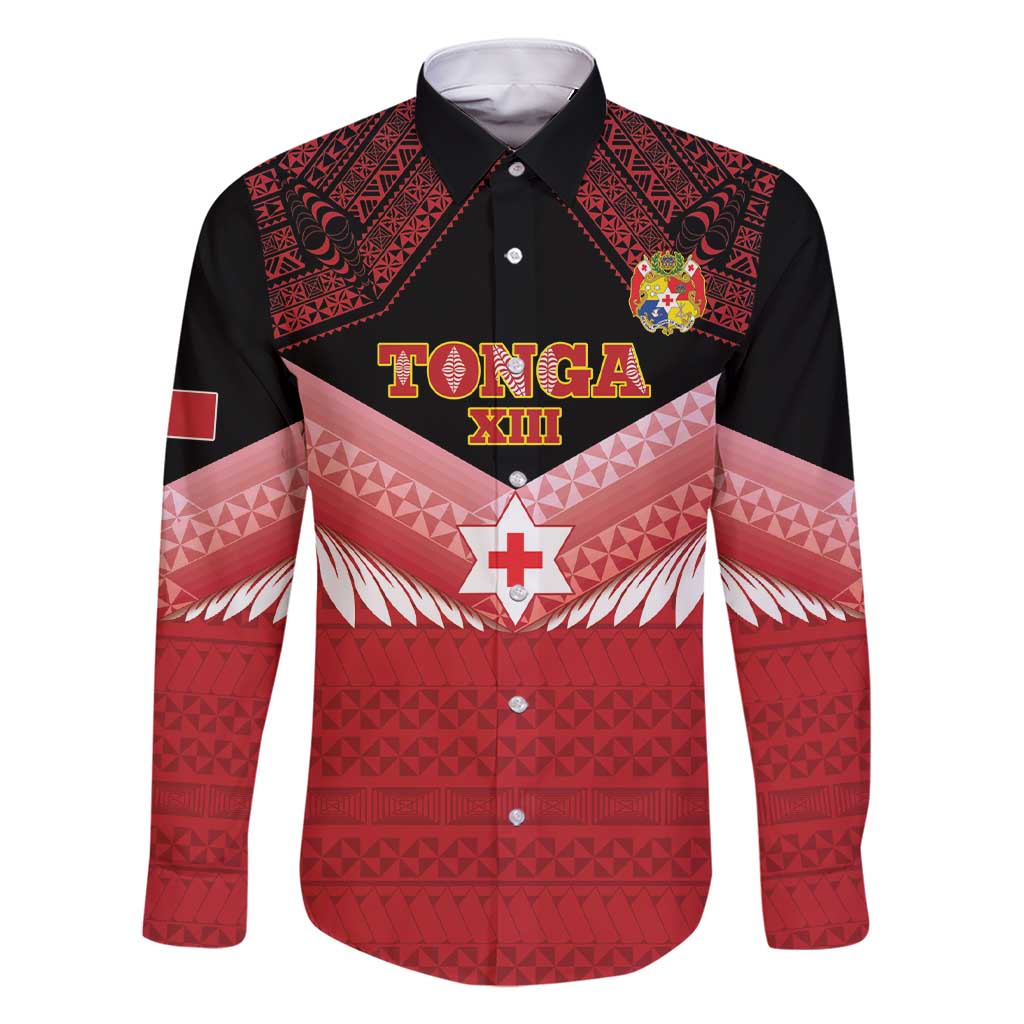 Custom Mate Maa Tonga XIII Family Matching Short Sleeve Bodycon Dress and Hawaiian Shirt Tongan Kupesi Ngatu - Rugby Style LT14 Dad's Shirt - Long Sleeve Red - Polynesian Pride
