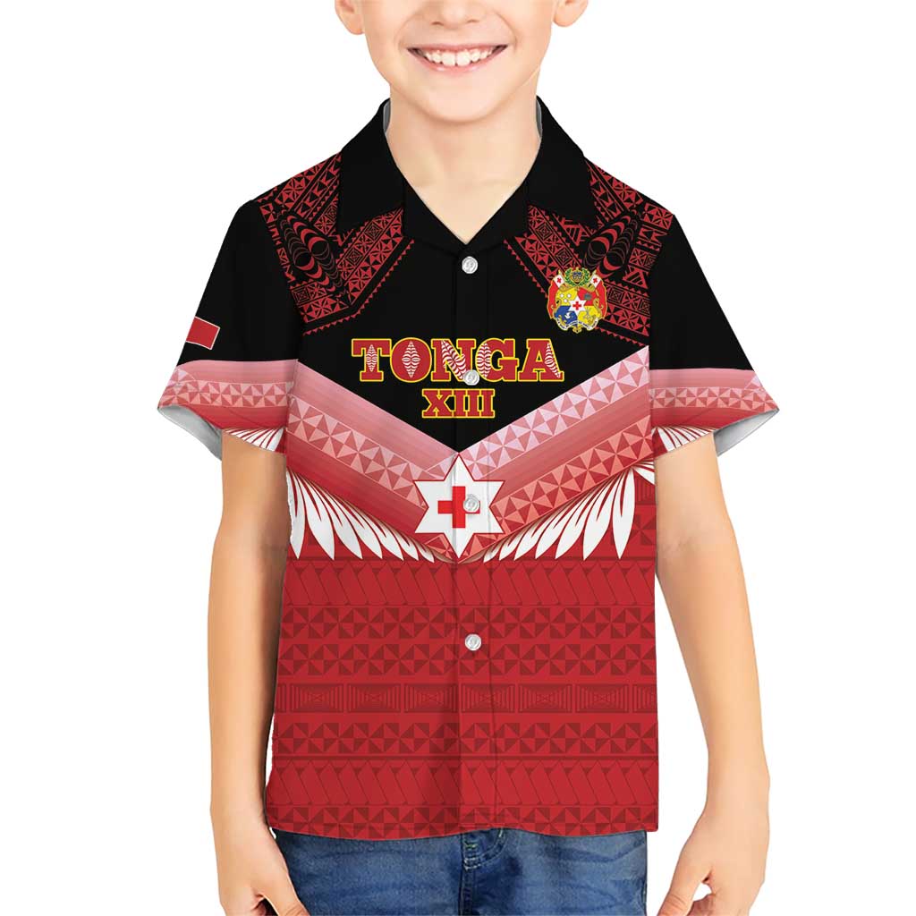 Custom Mate Maa Tonga XIII Family Matching Short Sleeve Bodycon Dress and Hawaiian Shirt Tongan Kupesi Ngatu - Rugby Style LT14 Son's Shirt Red - Polynesian Pride