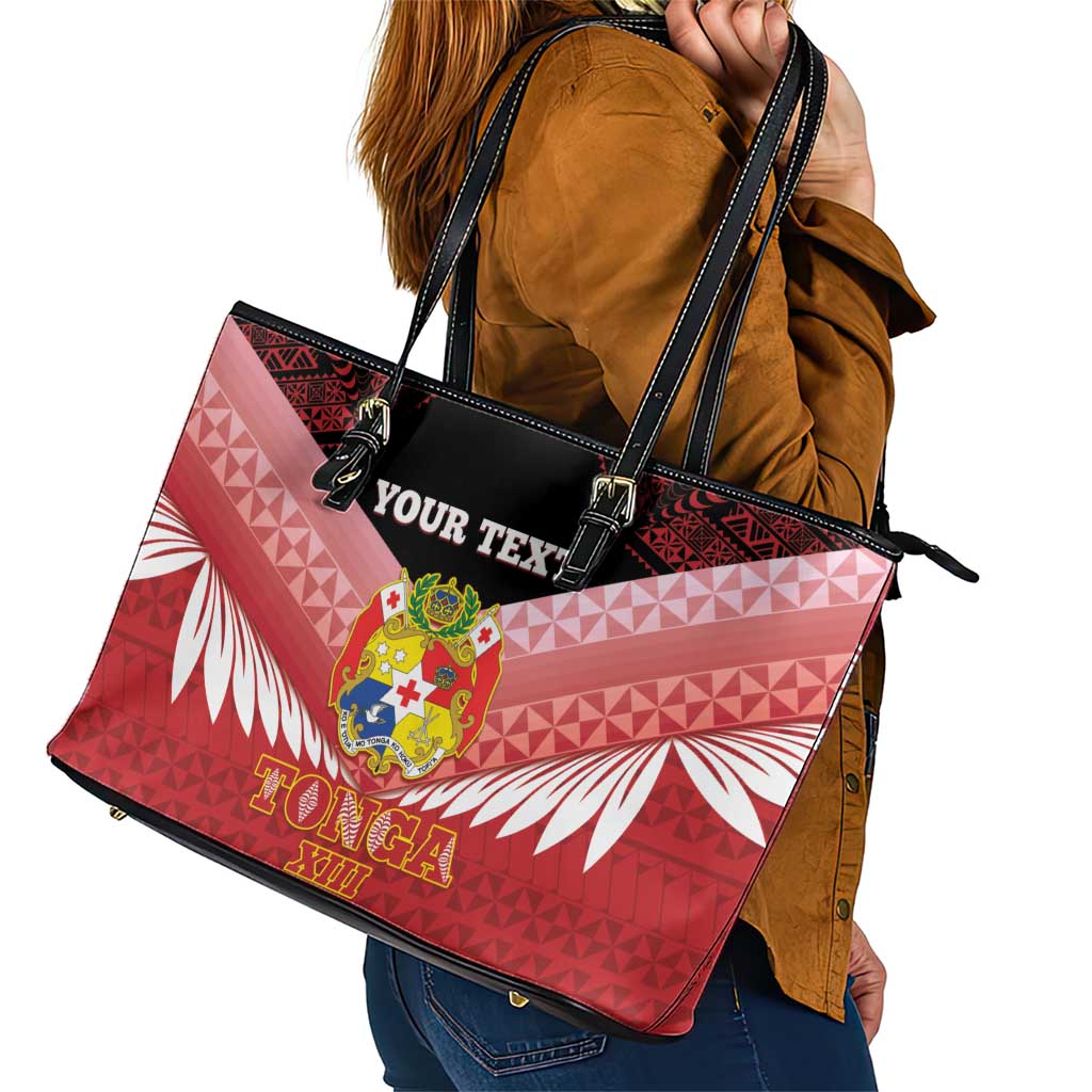 Custom Mate Maa Tonga XIII Leather Tote Bag Tongan Kupesi Ngatu - Rugby Style