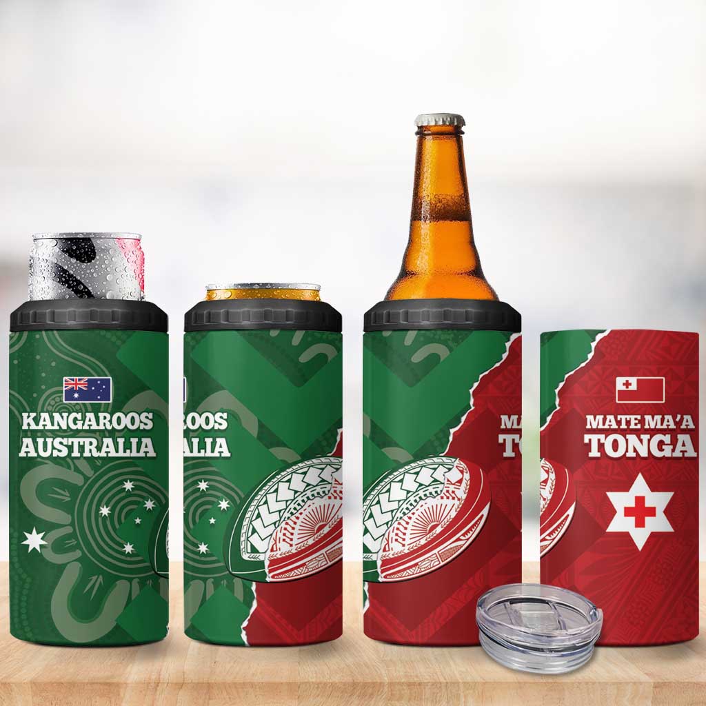 Tonga And Australia Rugby 4 in 1 Can Cooler Tumbler Mate Maa Tongan Ngatu Mix Kangaroos Aboriginal