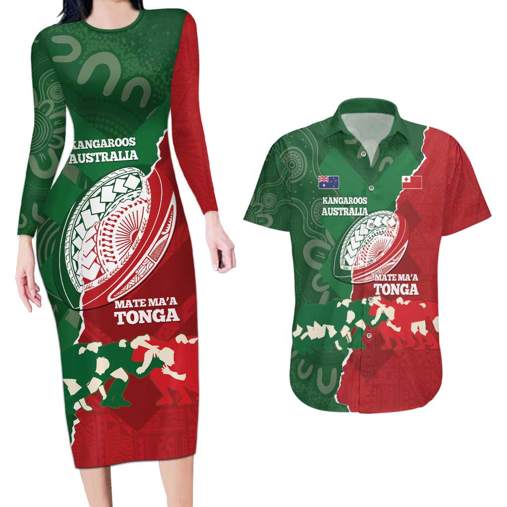 Custom Tonga And Australia Rugby Couples Matching Long Sleeve Bodycon Dress and Hawaiian Shirt Mate Maa Tongan Ngatu Mix Kangaroos Aboriginal