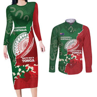 Custom Tonga And Australia Rugby Couples Matching Long Sleeve Bodycon Dress and Long Sleeve Button Shirt Mate Maa Tongan Ngatu Mix Kangaroos Aboriginal