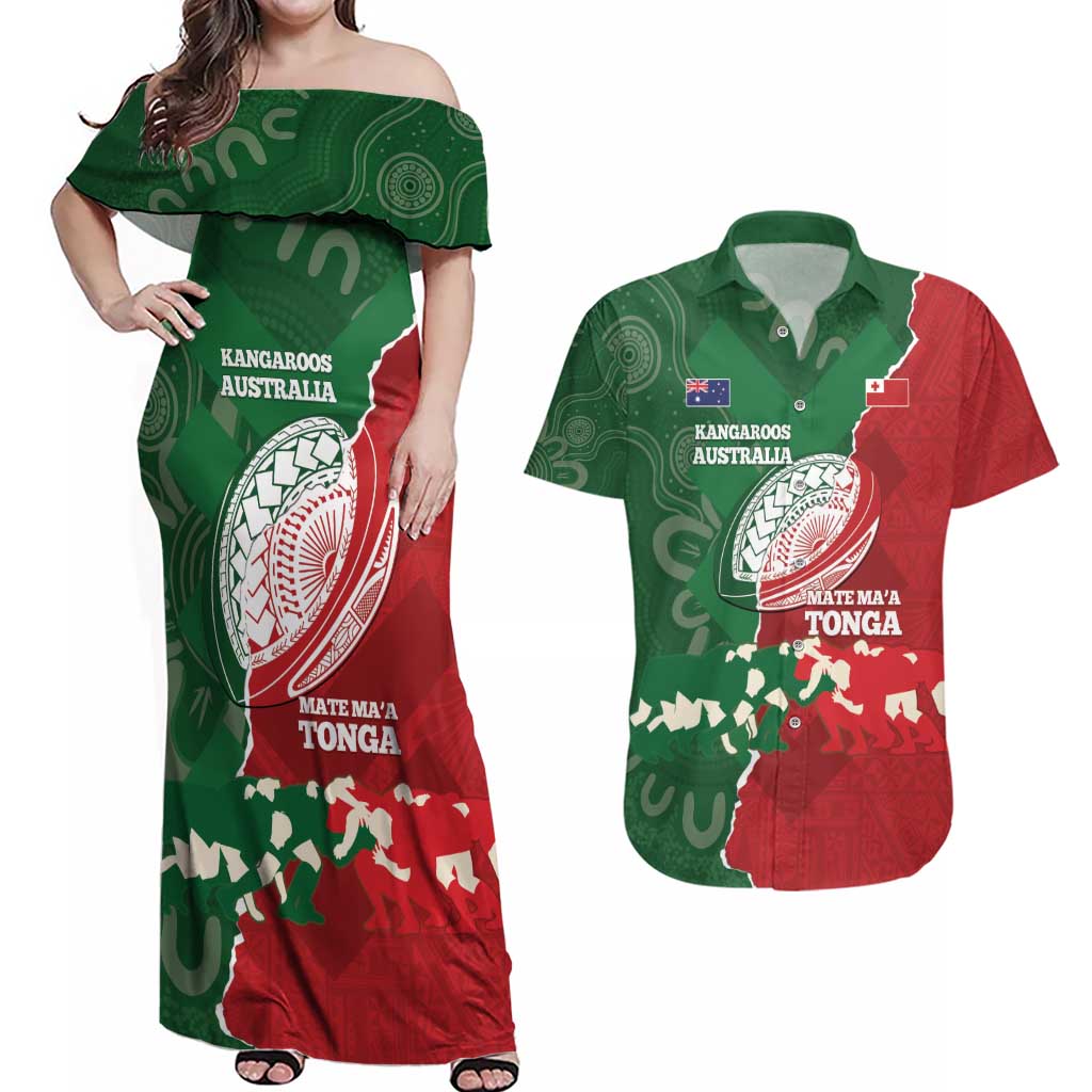 Custom Tonga And Australia Rugby Couples Matching Off Shoulder Maxi Dress and Hawaiian Shirt Mate Maa Tongan Ngatu Mix Kangaroos Aboriginal LT14 Green - Polynesian Pride