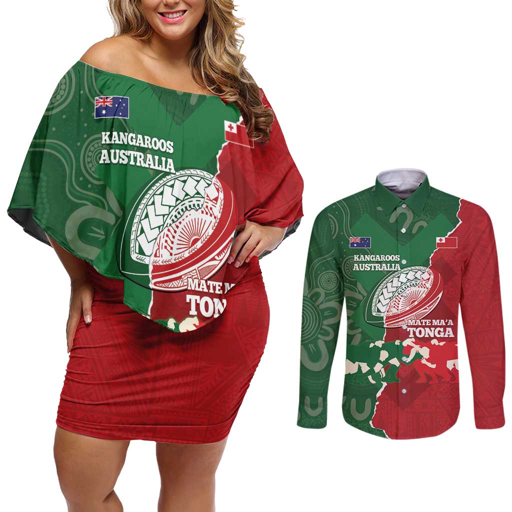 Custom Tonga And Australia Rugby Couples Matching Off Shoulder Short Dress and Long Sleeve Button Shirt Mate Maa Tongan Ngatu Mix Kangaroos Aboriginal