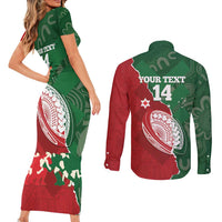 Custom Tonga And Australia Rugby Couples Matching Short Sleeve Bodycon Dress and Long Sleeve Button Shirt Mate Maa Tongan Ngatu Mix Kangaroos Aboriginal