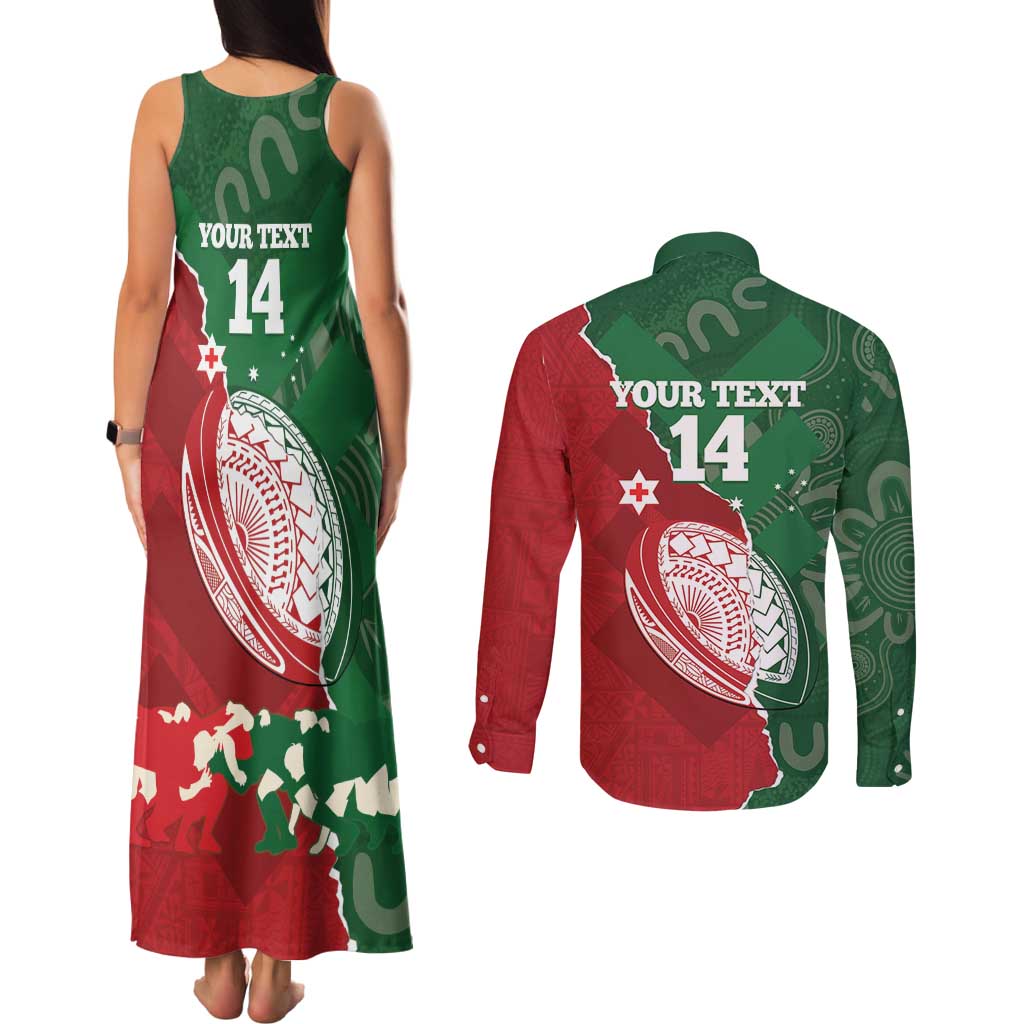Custom Tonga And Australia Rugby Couples Matching Tank Maxi Dress and Long Sleeve Button Shirt Mate Maa Tongan Ngatu Mix Kangaroos Aboriginal