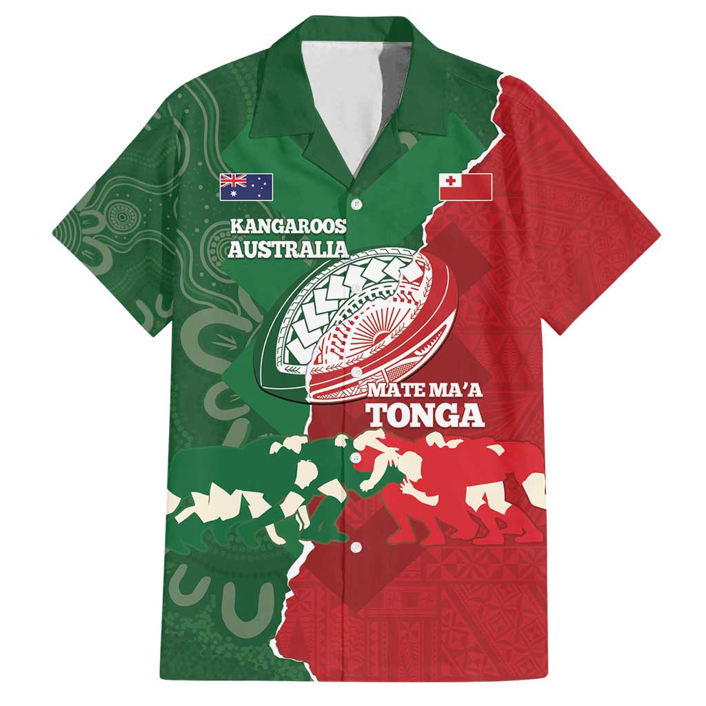 Custom Tonga And Australia Rugby Family Matching Long Sleeve Bodycon Dress and Hawaiian Shirt Mate Maa Tongan Ngatu Mix Kangaroos Aboriginal LT14 Dad's Shirt - Short Sleeve Green - Polynesian Pride