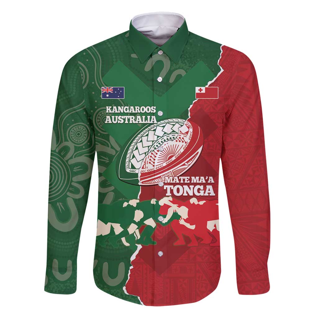 Custom Tonga And Australia Rugby Family Matching Long Sleeve Bodycon Dress and Hawaiian Shirt Mate Maa Tongan Ngatu Mix Kangaroos Aboriginal LT14 Dad's Shirt - Long Sleeve Green - Polynesian Pride