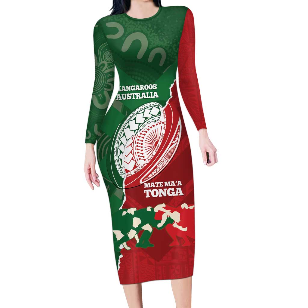 Custom Tonga And Australia Rugby Family Matching Long Sleeve Bodycon Dress and Hawaiian Shirt Mate Maa Tongan Ngatu Mix Kangaroos Aboriginal LT14 Mom's Dress Green - Polynesian Pride