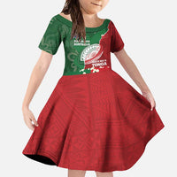Custom Tonga And Australia Rugby Family Matching Short Sleeve Bodycon Dress and Hawaiian Shirt Mate Maa Tongan Ngatu Mix Kangaroos Aboriginal LT14 Daughter's Dress Green - Polynesian Pride