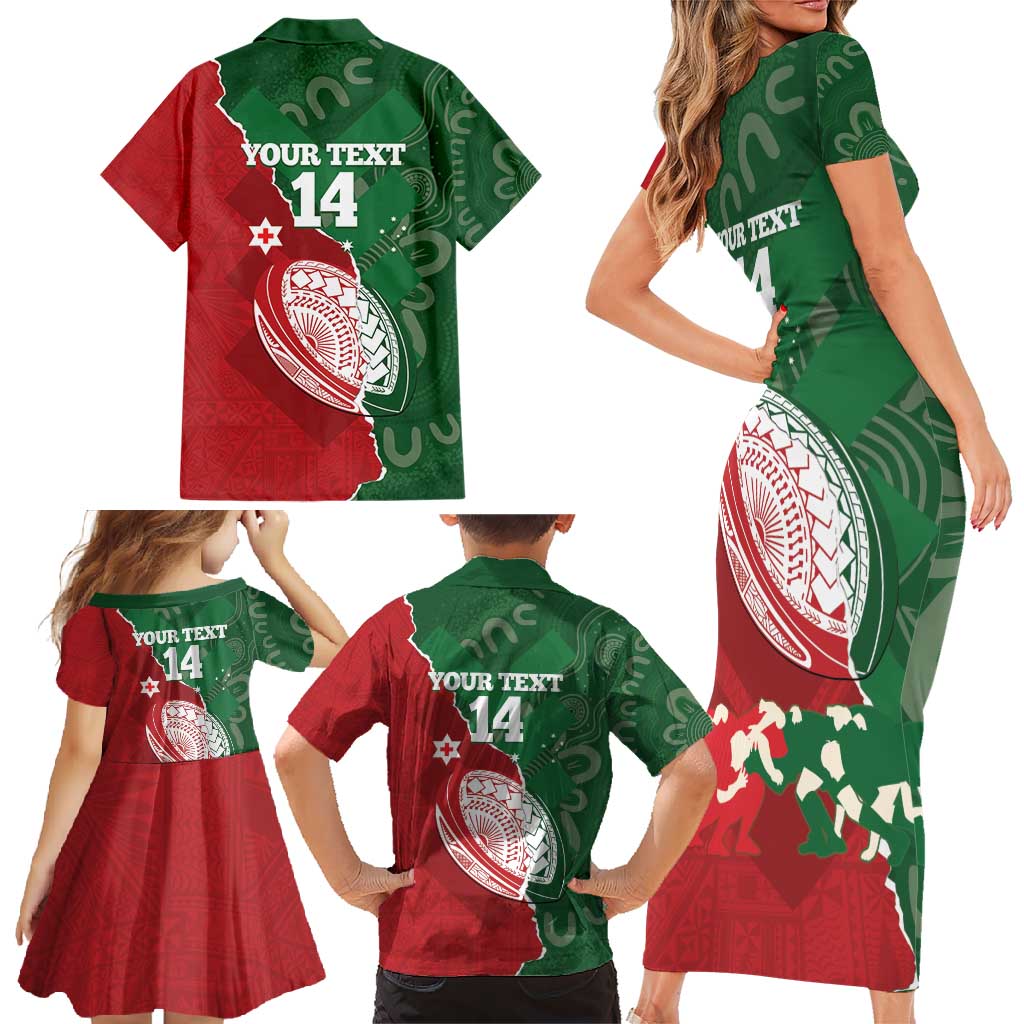 Custom Tonga And Australia Rugby Family Matching Short Sleeve Bodycon Dress and Hawaiian Shirt Mate Maa Tongan Ngatu Mix Kangaroos Aboriginal LT14 - Polynesian Pride