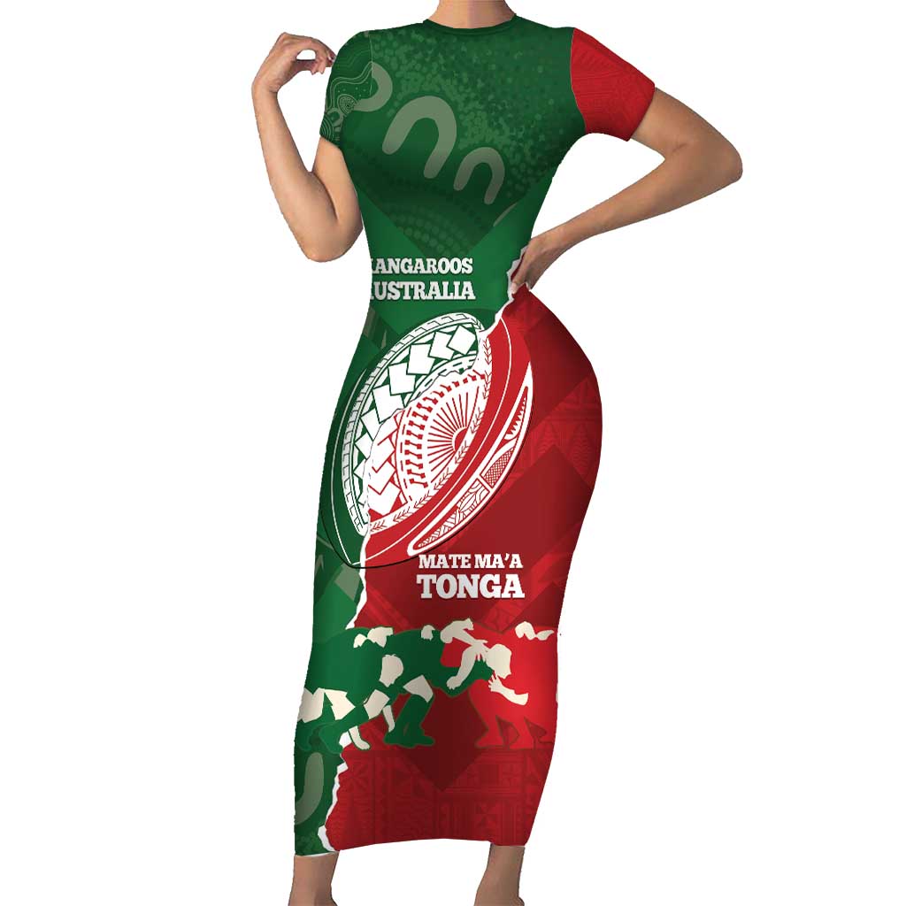 Custom Tonga And Australia Rugby Family Matching Short Sleeve Bodycon Dress and Hawaiian Shirt Mate Maa Tongan Ngatu Mix Kangaroos Aboriginal LT14 Mom's Dress Green - Polynesian Pride