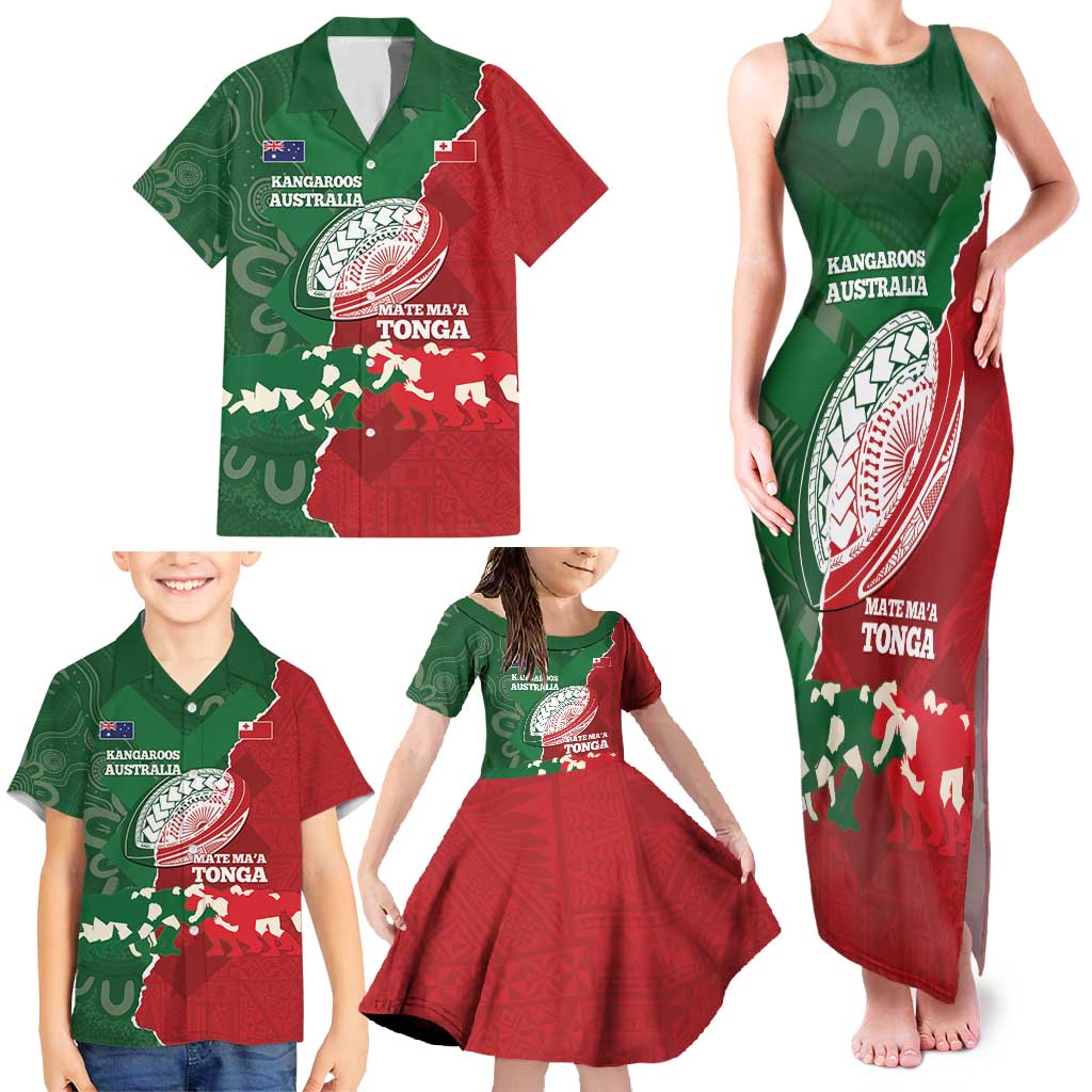 Custom Tonga And Australia Rugby Family Matching Tank Maxi Dress and Hawaiian Shirt Mate Maa Tongan Ngatu Mix Kangaroos Aboriginal
