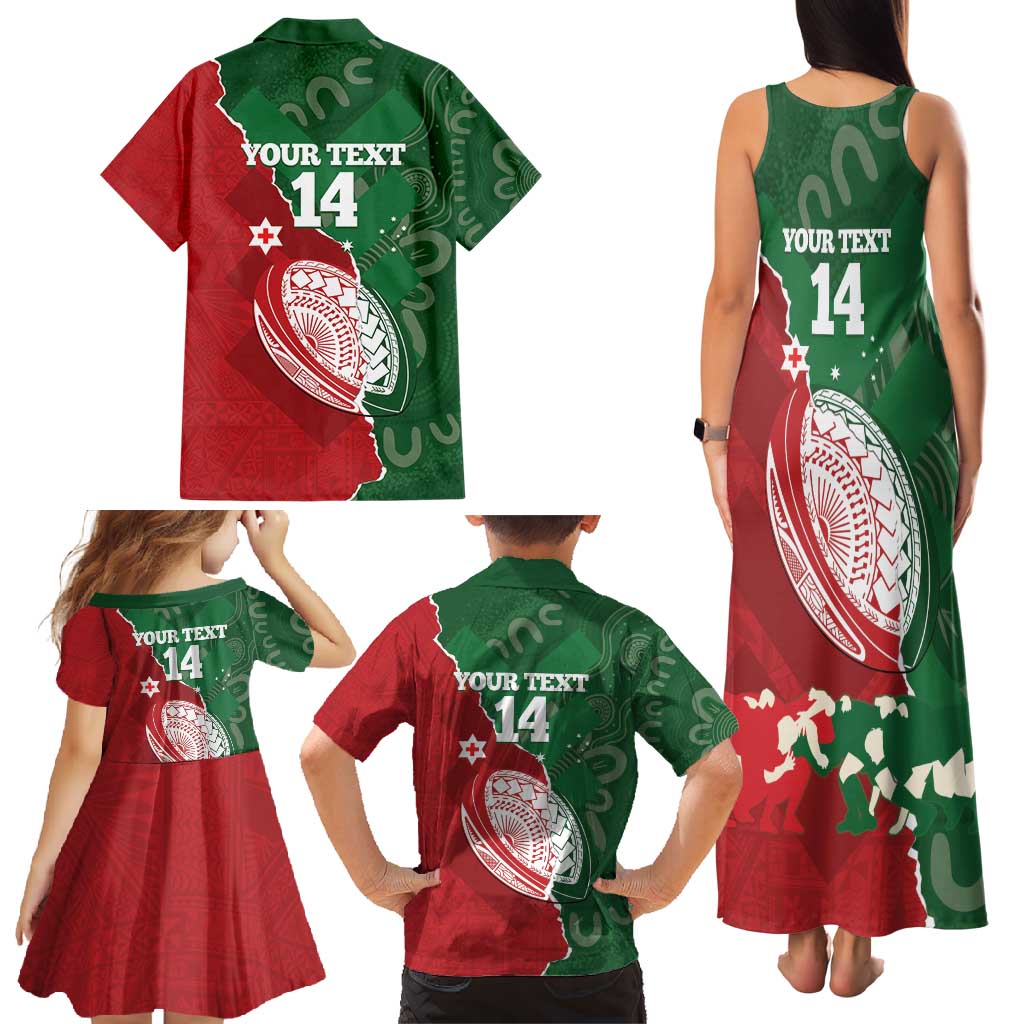 Custom Tonga And Australia Rugby Family Matching Tank Maxi Dress and Hawaiian Shirt Mate Maa Tongan Ngatu Mix Kangaroos Aboriginal