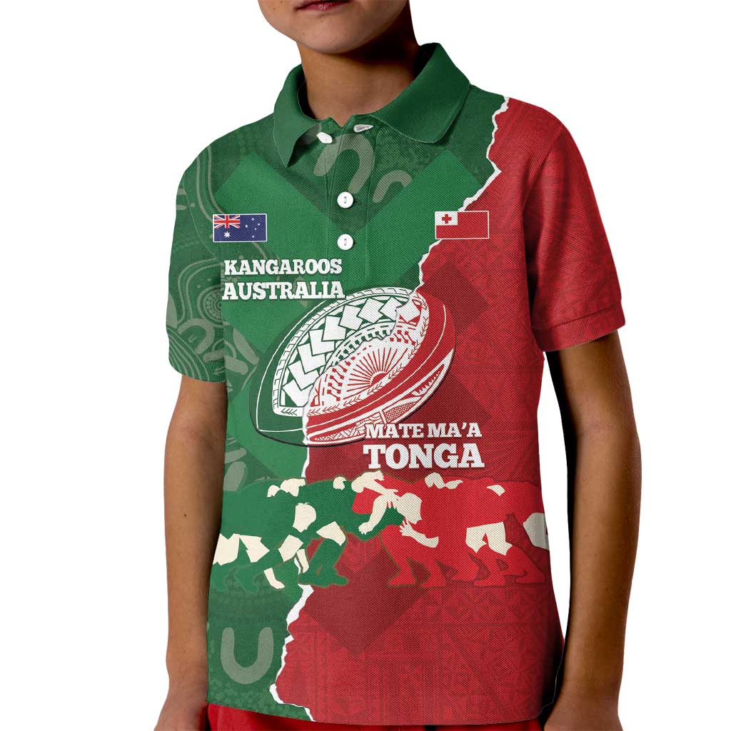 Custom Tonga And Australia Rugby Kid Polo Shirt Mate Maa Tongan Ngatu Mix Kangaroos Aboriginal