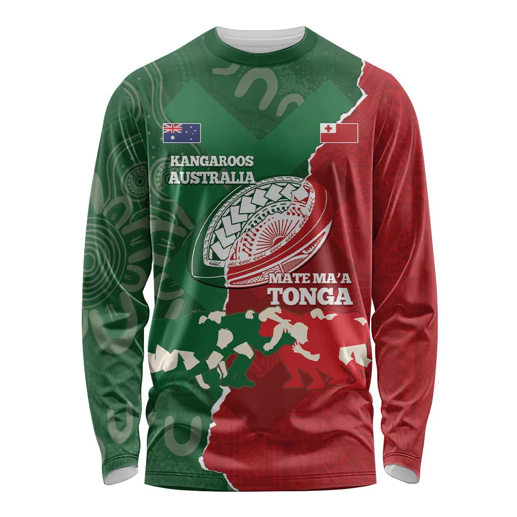 Custom Tonga And Australia Rugby Long Sleeve Shirt Mate Maa Tongan Ngatu Mix Kangaroos Aboriginal