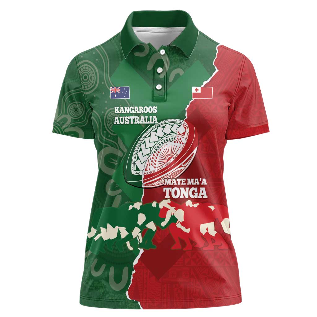 Custom Tonga And Australia Rugby Women Polo Shirt Mate Maa Tongan Ngatu Mix Kangaroos Aboriginal