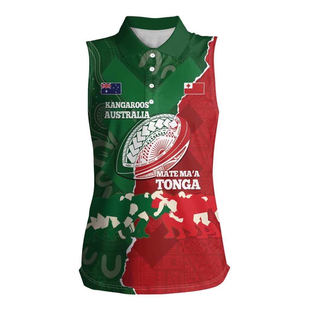 Custom Tonga And Australia Rugby Women Sleeveless Polo Shirt Mate Maa Tongan Ngatu Mix Kangaroos Aboriginal