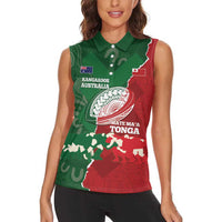 Custom Tonga And Australia Rugby Women Sleeveless Polo Shirt Mate Maa Tongan Ngatu Mix Kangaroos Aboriginal