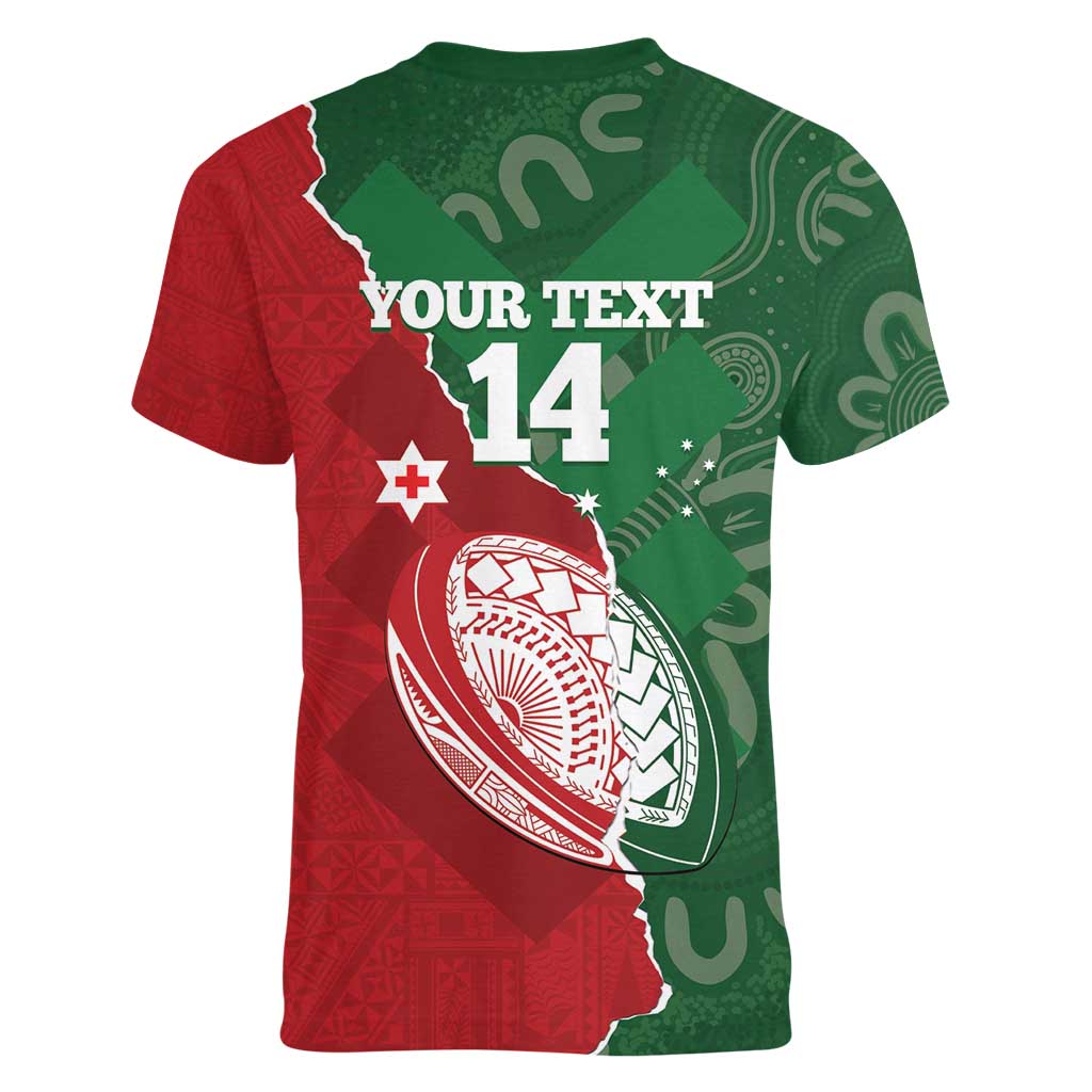 Custom Tonga And Australia Rugby Women V-Neck T-Shirt Mate Maa Tongan Ngatu Mix Kangaroos Aboriginal