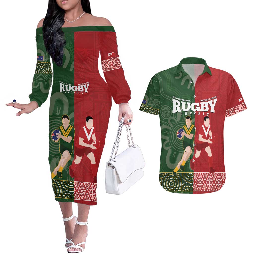 Custom Mate Maa Tonga And Kangaroo Australia Couples Matching Off The Shoulder Long Sleeve Dress and Hawaiian Shirt Tongan Kupesi Mix Aboriginal Art LT14 Green - Polynesian Pride