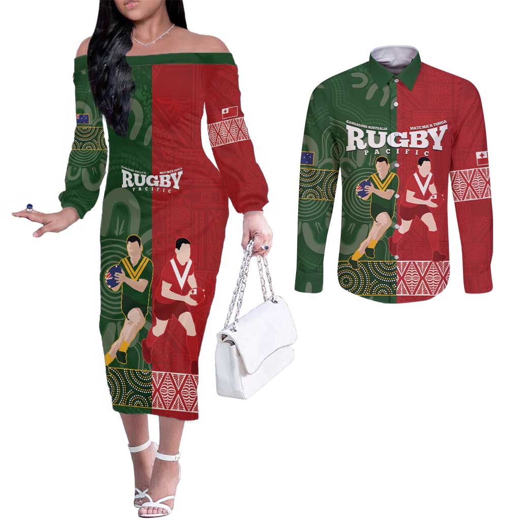 Custom Mate Maa Tonga And Kangaroo Australia Couples Matching Off The Shoulder Long Sleeve Dress and Long Sleeve Button Shirt Tongan Kupesi Mix Aboriginal Art