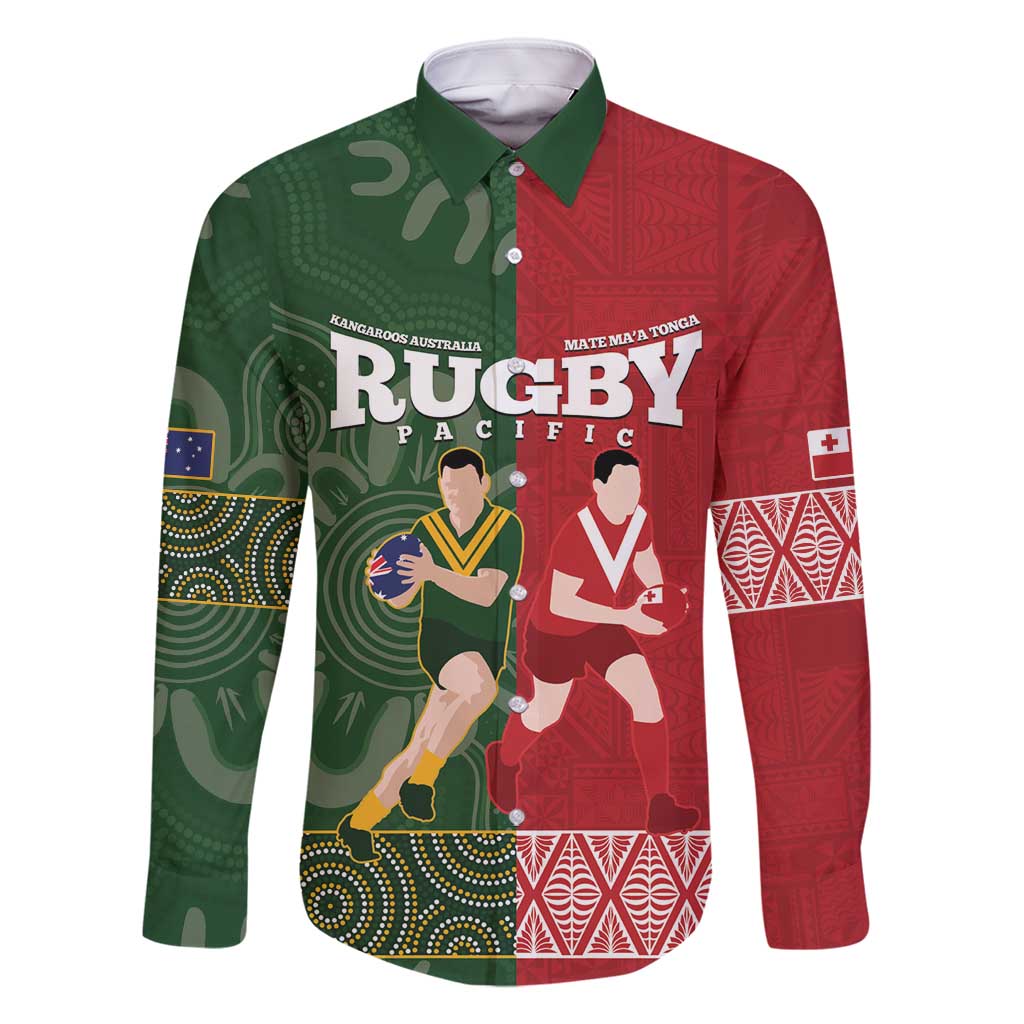 Custom Mate Maa Tonga And Kangaroo Australia Family Matching Long Sleeve Bodycon Dress and Hawaiian Shirt Tongan Kupesi Mix Aboriginal Art LT14 Dad's Shirt - Long Sleeve Green - Polynesian Pride