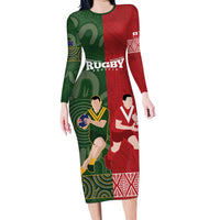 Custom Mate Maa Tonga And Kangaroo Australia Family Matching Long Sleeve Bodycon Dress and Hawaiian Shirt Tongan Kupesi Mix Aboriginal Art LT14 Mom's Dress Green - Polynesian Pride