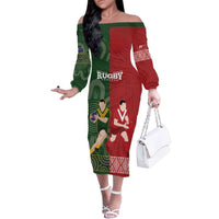 Custom Mate Maa Tonga And Kangaroo Australia Family Matching Off The Shoulder Long Sleeve Dress and Hawaiian Shirt Tongan Kupesi Mix Aboriginal Art LT14 Mom's Dress Green - Polynesian Pride