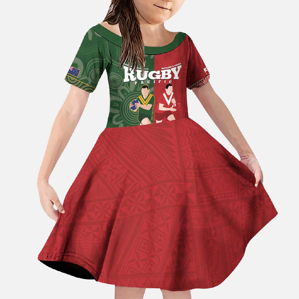 Custom Mate Maa Tonga And Kangaroo Australia Family Matching Short Sleeve Bodycon Dress and Hawaiian Shirt Tongan Kupesi Mix Aboriginal Art LT14 Daughter's Dress Green - Polynesian Pride
