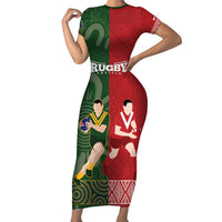Custom Mate Maa Tonga And Kangaroo Australia Family Matching Short Sleeve Bodycon Dress and Hawaiian Shirt Tongan Kupesi Mix Aboriginal Art LT14 Mom's Dress Green - Polynesian Pride