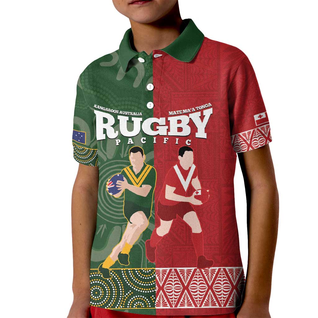 Custom Mate Maa Tonga And Kangaroo Australia Kid Polo Shirt Tongan Kupesi Mix Aboriginal Art