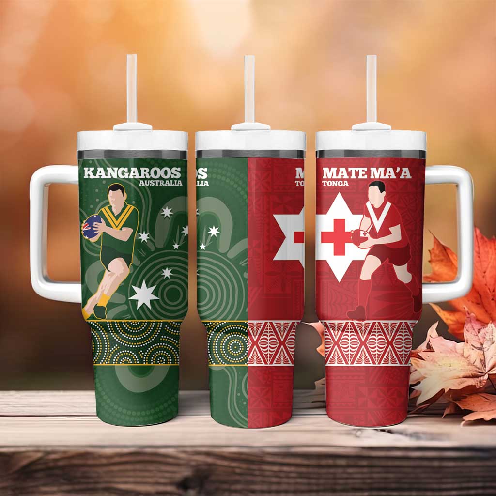 Personalised Mate Maa Tonga And Kangaroo Australia Tumbler With Handle Tongan Kupesi Mix Aboriginal Art