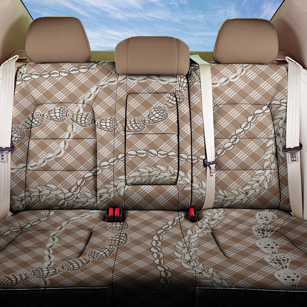 Brown Aloha Hawaii Shell Lei Back Car Seat Cover Palaka Hebrew Cone Honey Cowrie Elegant Curves - Polynesian Pride