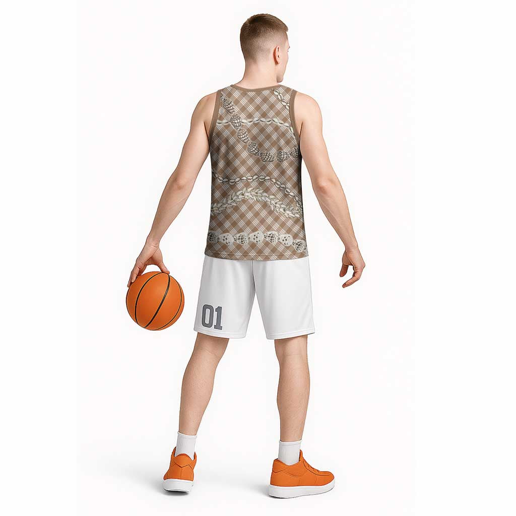 Brown Aloha Hawaii Shell Lei Basketball Jersey Palaka Hebrew Cone Honey Cowrie Elegant Curves - Polynesian Pride