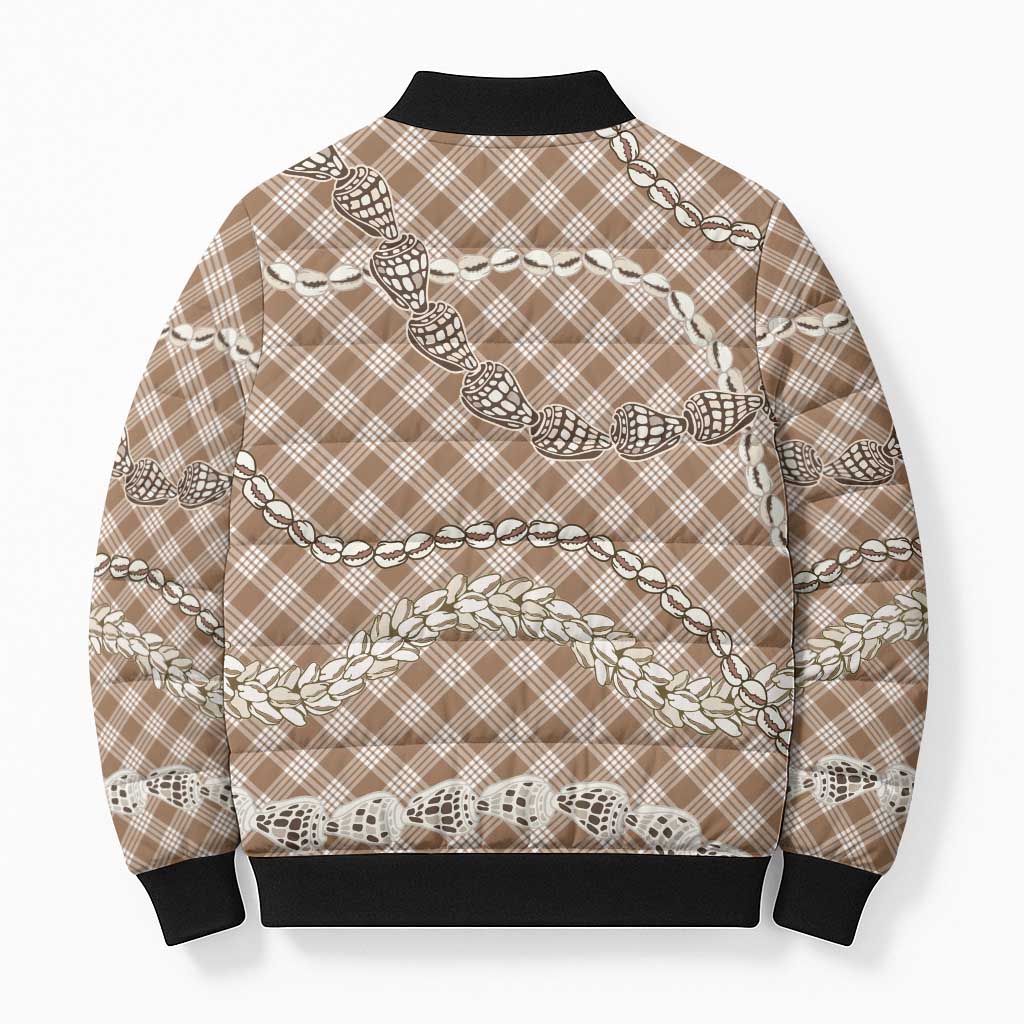 Brown Aloha Hawaii Shell Lei Bomber Puffer Jacket Palaka Hebrew Cone Honey Cowrie Elegant Curves - Polynesian Pride