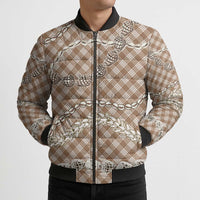 Brown Aloha Hawaii Shell Lei Bomber Puffer Jacket Palaka Hebrew Cone Honey Cowrie Elegant Curves - Polynesian Pride