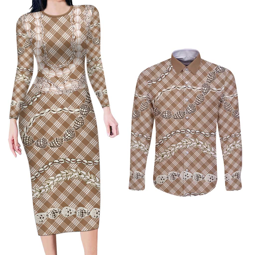 Brown Aloha Hawaii Shell Lei Couples Matching Long Sleeve Bodycon Dress and Long Sleeve Button Shirt Palaka Hebrew Cone Honey Cowrie Elegant Curves - Polynesian Pride
