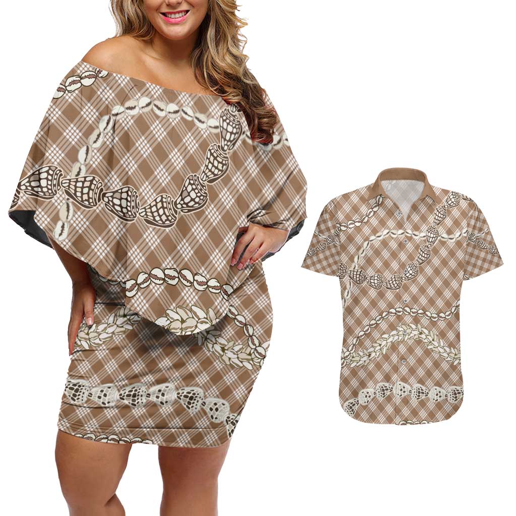 Brown Aloha Hawaii Shell Lei Couples Matching Off Shoulder Short Dress and Hawaiian Shirt Palaka Hebrew Cone Honey Cowrie Elegant Curves - Polynesian Pride