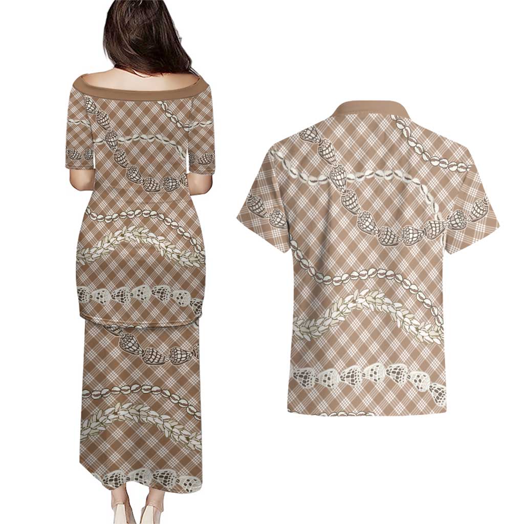 Brown Aloha Hawaii Shell Lei Couples Matching Puletasi and Hawaiian Shirt Palaka Hebrew Cone Honey Cowrie Elegant Curves - Polynesian Pride