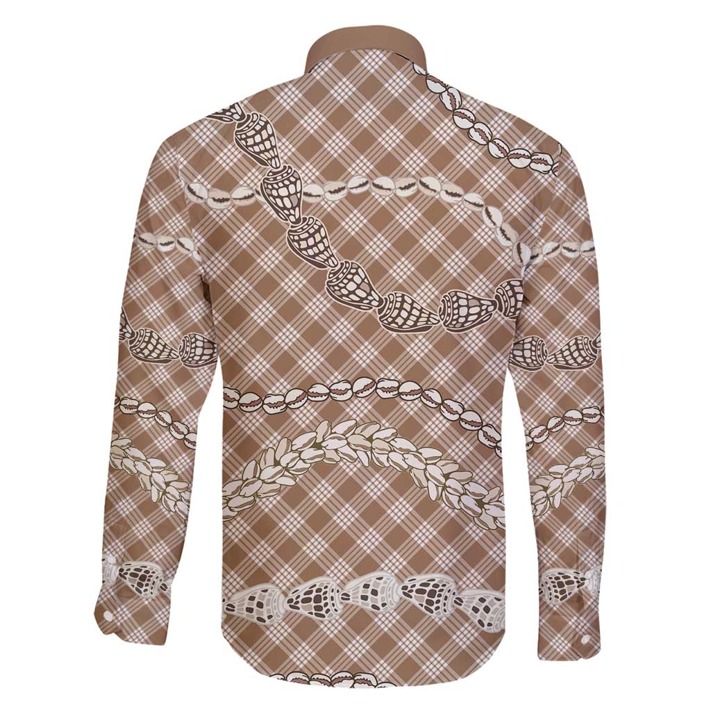 Brown Aloha Hawaii Shell Lei Family Matching Long Sleeve Bodycon Dress and Hawaiian Shirt Palaka Hebrew Cone Honey Cowrie Elegant Curves - Polynesian Pride