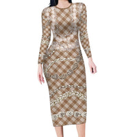 Brown Aloha Hawaii Shell Lei Family Matching Long Sleeve Bodycon Dress and Hawaiian Shirt Palaka Hebrew Cone Honey Cowrie Elegant Curves - Polynesian Pride