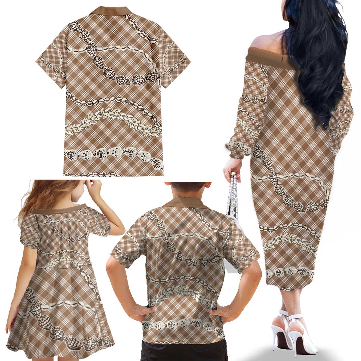 Brown Aloha Hawaii Shell Lei Family Matching Off The Shoulder Long Sleeve Dress and Hawaiian Shirt Palaka Hebrew Cone Honey Cowrie Elegant Curves - Polynesian Pride
