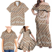 Brown Aloha Hawaii Shell Lei Family Matching Off Shoulder Maxi Dress and Hawaiian Shirt Palaka Hebrew Cone Honey Cowrie Elegant Curves - Polynesian Pride